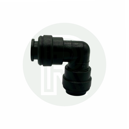 Front view of John Guest Speedfit 12mm equal elbow connector