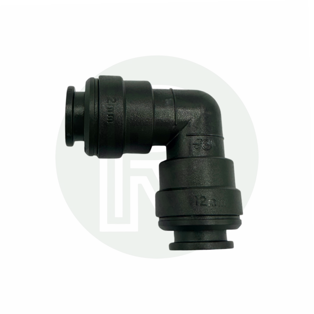 Side view of John Guest Speedfit 12mm equal elbow connector