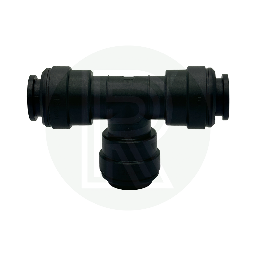 Front view of John Guest Speedfit 12mm equal tee connector