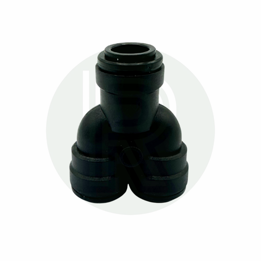 Front view of John Guest Speedfit 12mm inline Y piece connector black