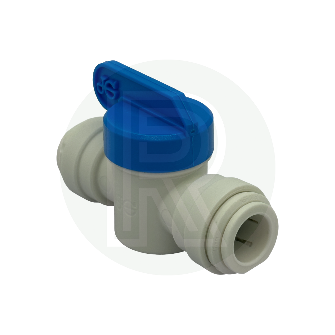 Angled view of John Guest Speedfit 12mm isolation valve with blue quarter turn handle