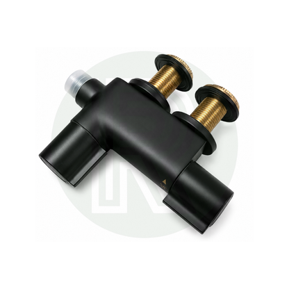 Mini black shower mixer valve angled view with rear 1/2 inch BSP connections