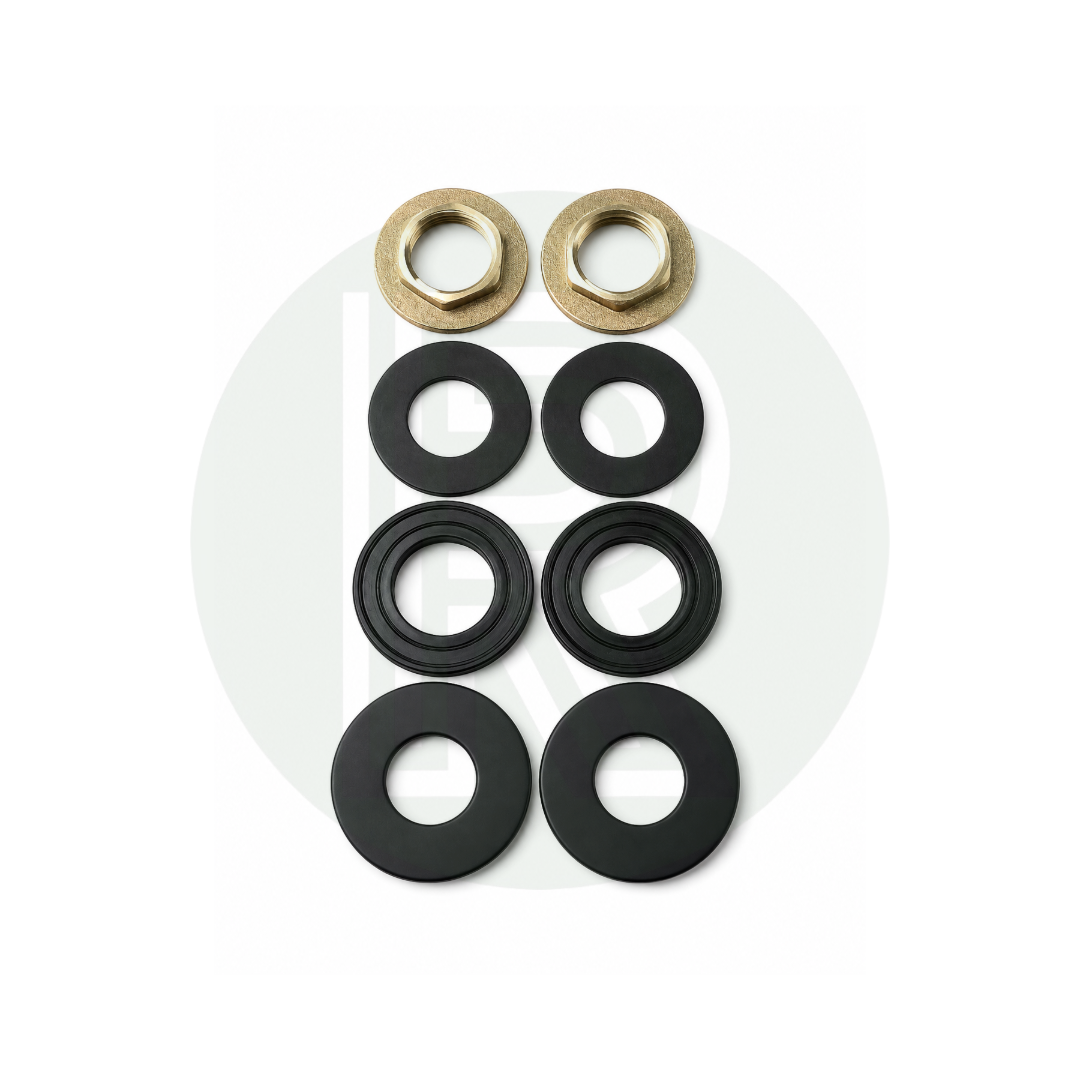 Mini black shower mixer valve installation kit with fixing nuts, seals and mounting washers