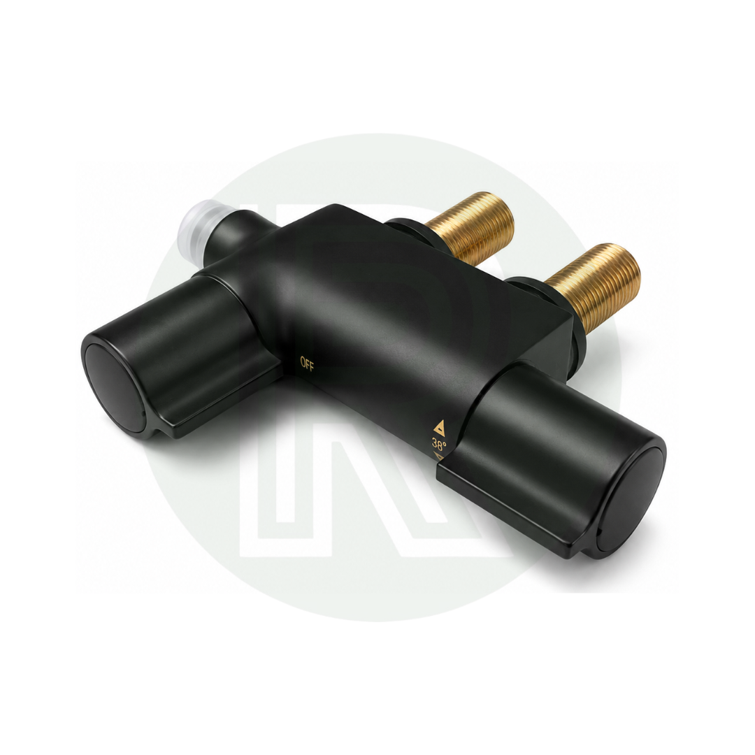 Rear view of mini black shower mixer valve showing 1/2 inch BSP water connections