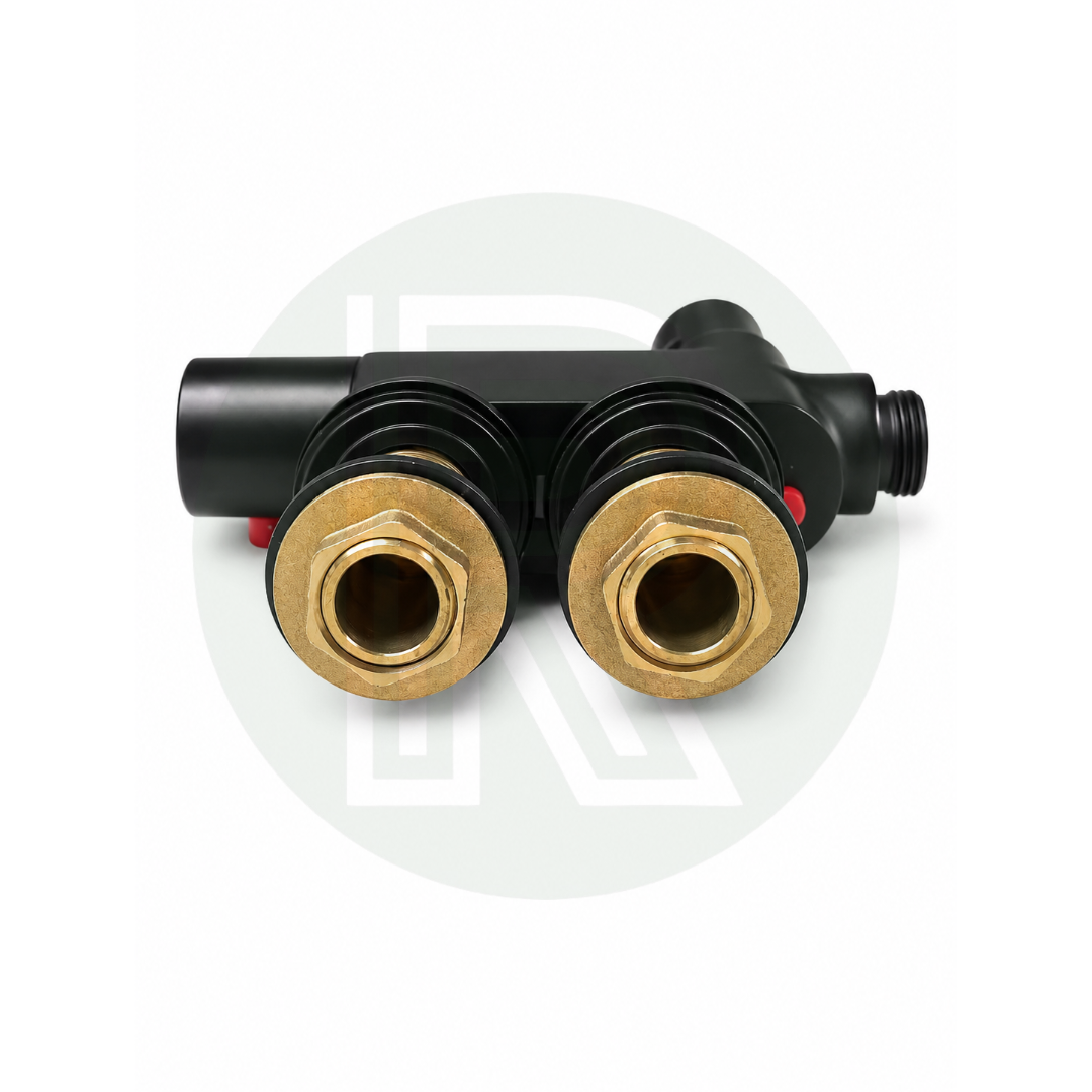 Rear fitting view of mini black shower mixer valve with twin 1/2 inch BSP connections