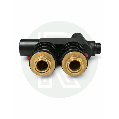 Rear fitting view of mini black shower mixer valve with twin 1/2 inch BSP connections