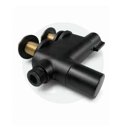 Mini black shower mixer valve showing threaded shower hose outlet and rear connections