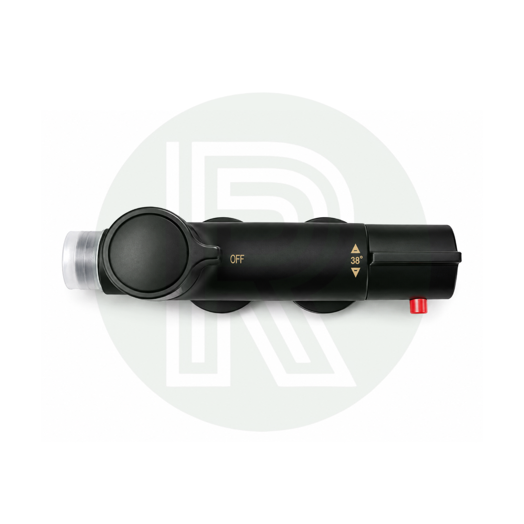 Top view of compact black shower mixer valve for caravan and motorhome installation