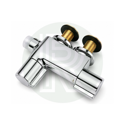 Mini chrome shower mixer valve angled view with rear 1/2 inch BSP connections