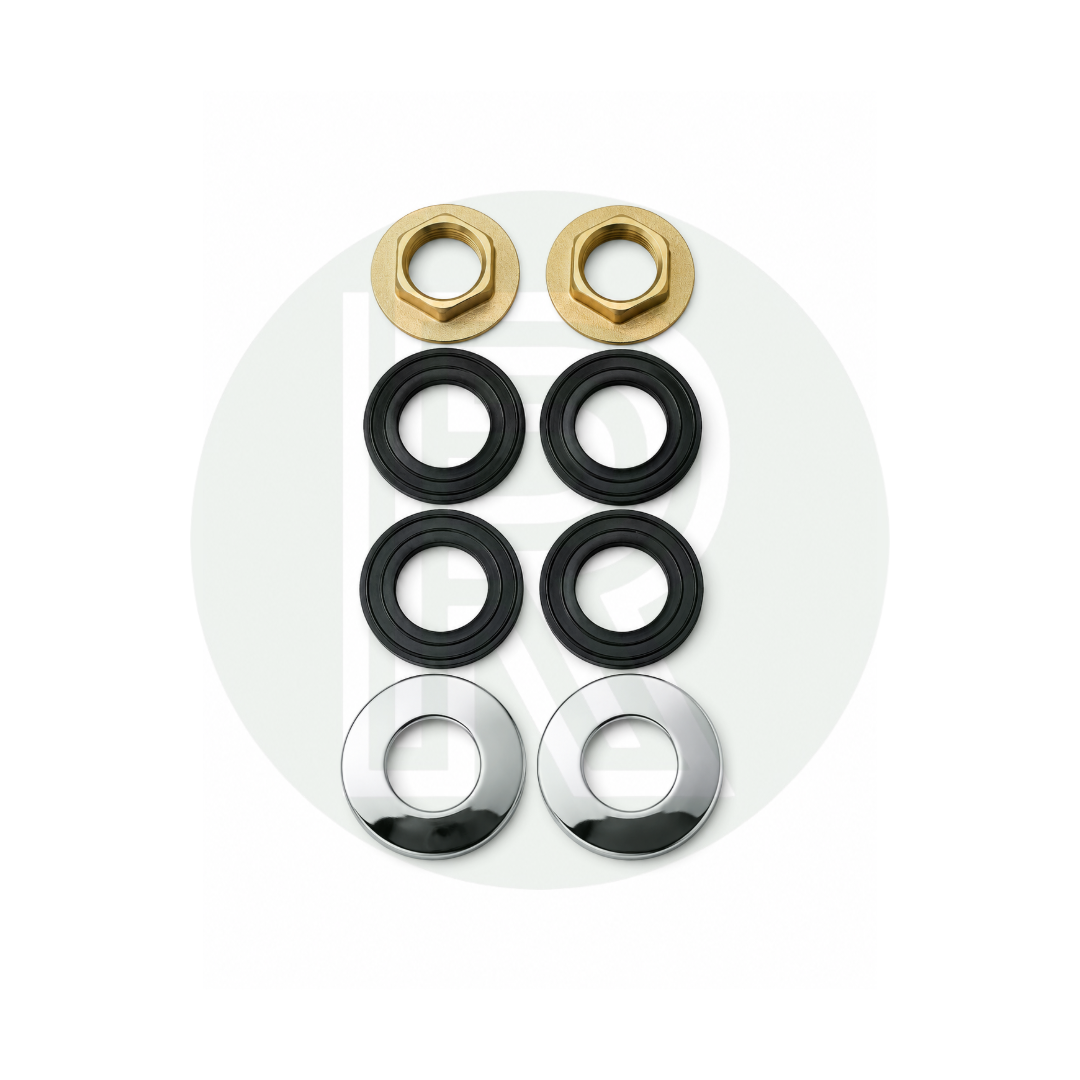 Mini chrome shower mixer valve installation kit with fixing nuts, seals and mounting washers