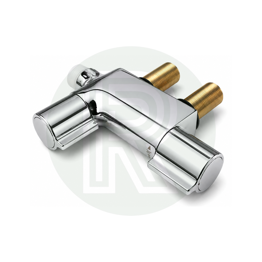 Rear view of mini chrome shower mixer valve showing 1/2 inch BSP water connections
