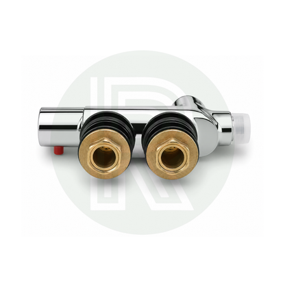 Rear fitting view of mini chrome shower mixer valve with twin 1/2 inch BSP connections