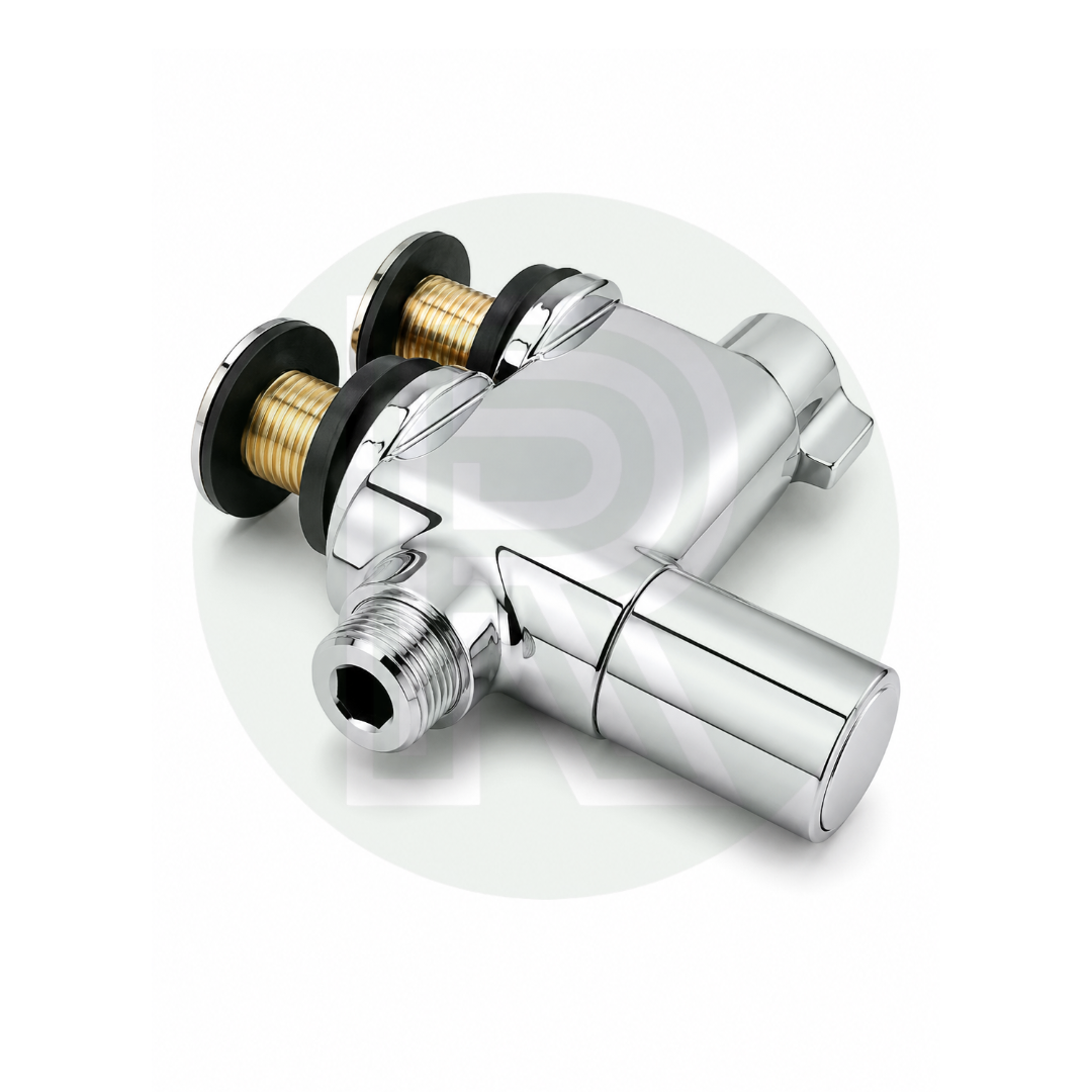 Mini chrome shower mixer valve showing threaded shower hose outlet and rear connections