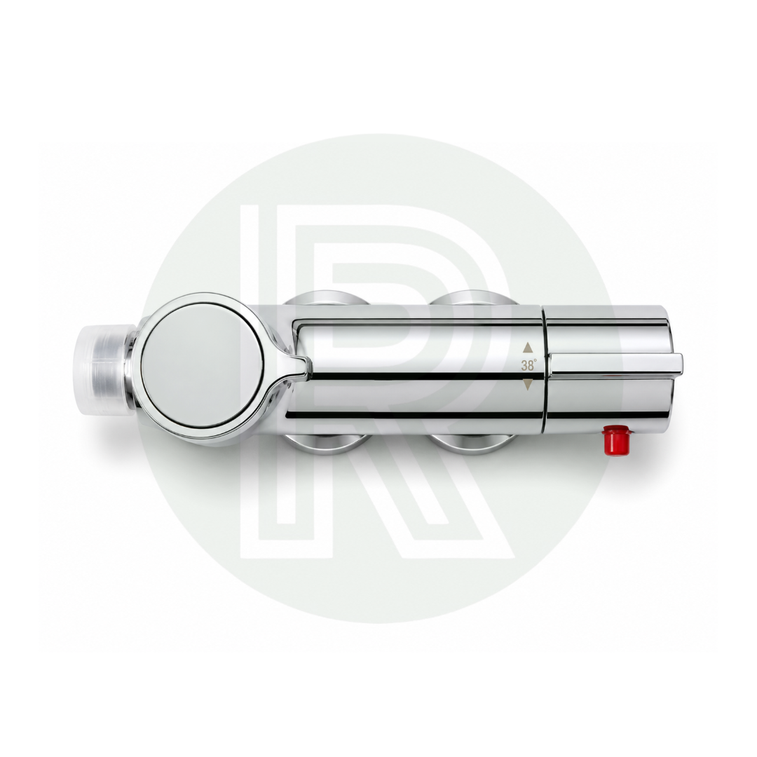 Top view of compact chrome shower mixer valve for caravan and motorhome installation