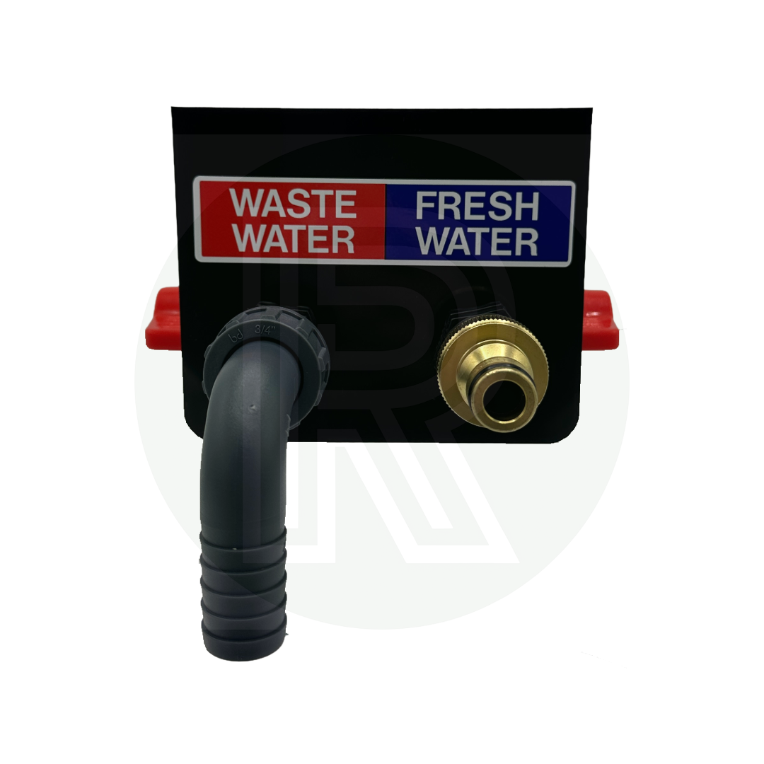 Motorhome and campervan sill mounted fresh water inlet and waste water drain with barbed connections