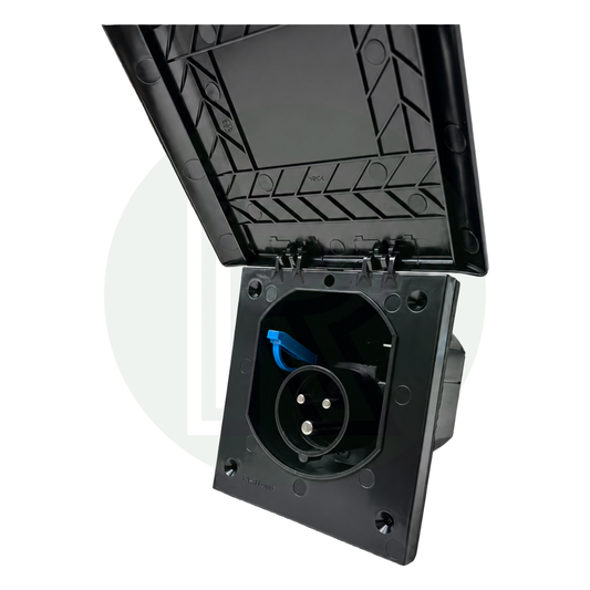 PLS Element External 240V Mains Inlet with magnetic flap open showing mains socket