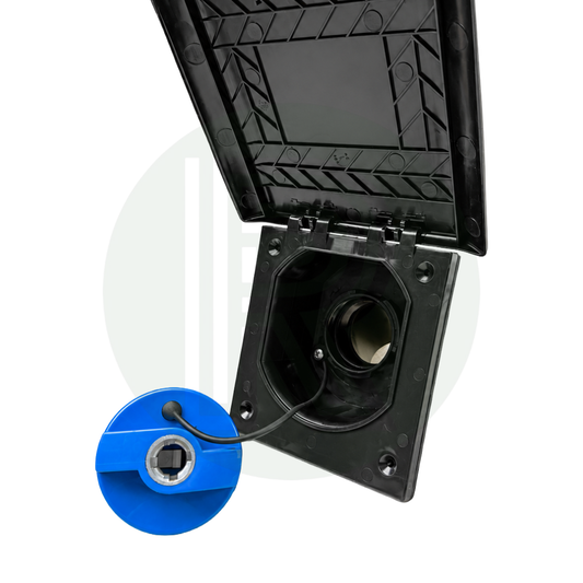 PLS Element External Water Inlet with magnetic flap open showing removable cap