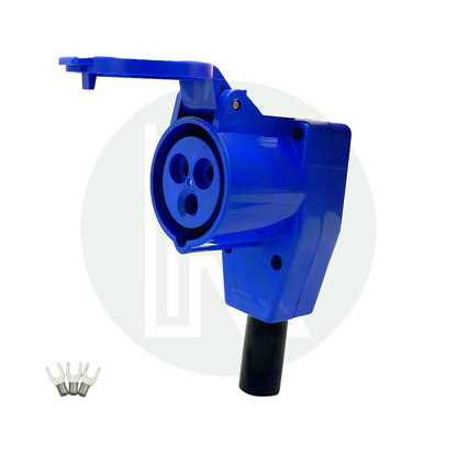 Powerpart 90 degree mains coupler with hinged weatherproof cover for caravan and motorhome electrical hook up connections