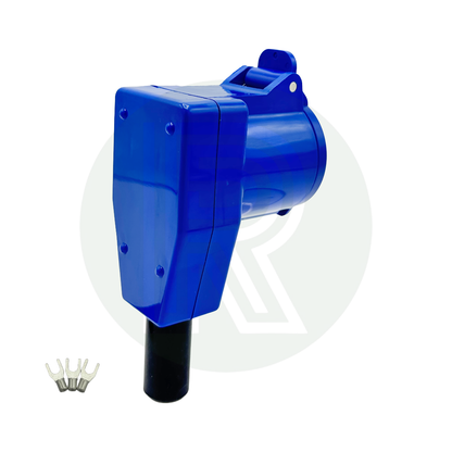 Side view of Powerpart 90 degree caravan mains coupler designed to reduce cable strain at the vehicle inlet