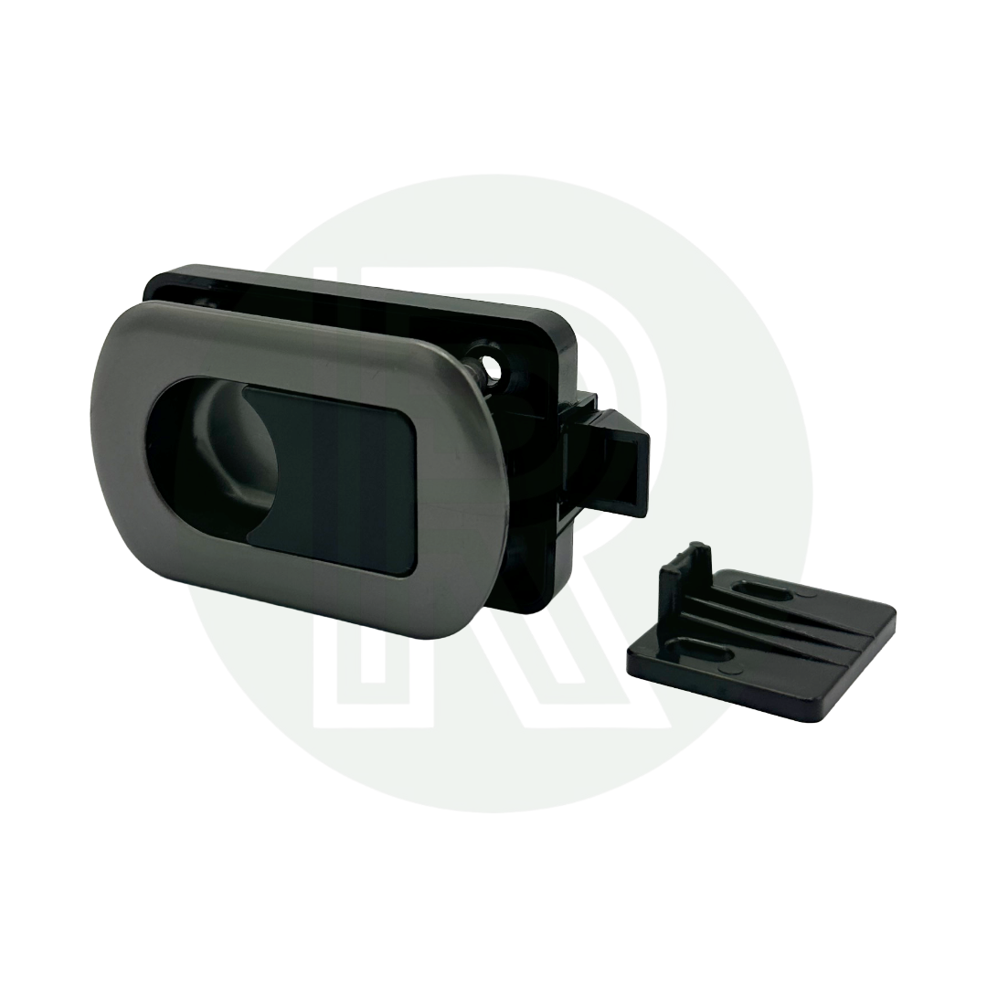 Gun Metal Princess flush door latch showing release handle for caravan motorhome and campervan furniture applications