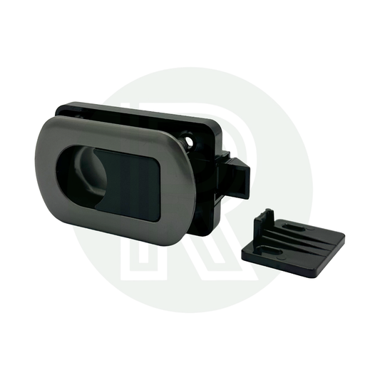 Gun Metal Princess flush door latch showing release handle for caravan motorhome and campervan furniture applications