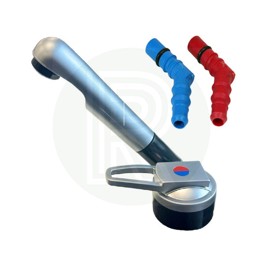 Reich Keramik matt chrome folding hot and cold mixer tap with red and blue barbed tail connectors for caravan and motorhome sinks.