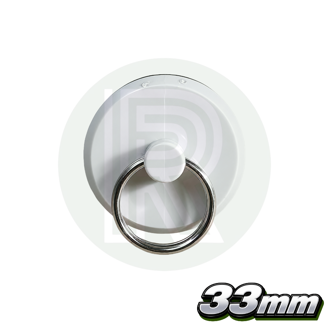 Top view of Reich 33mm replacement sink waste plug with stainless steel pull ring