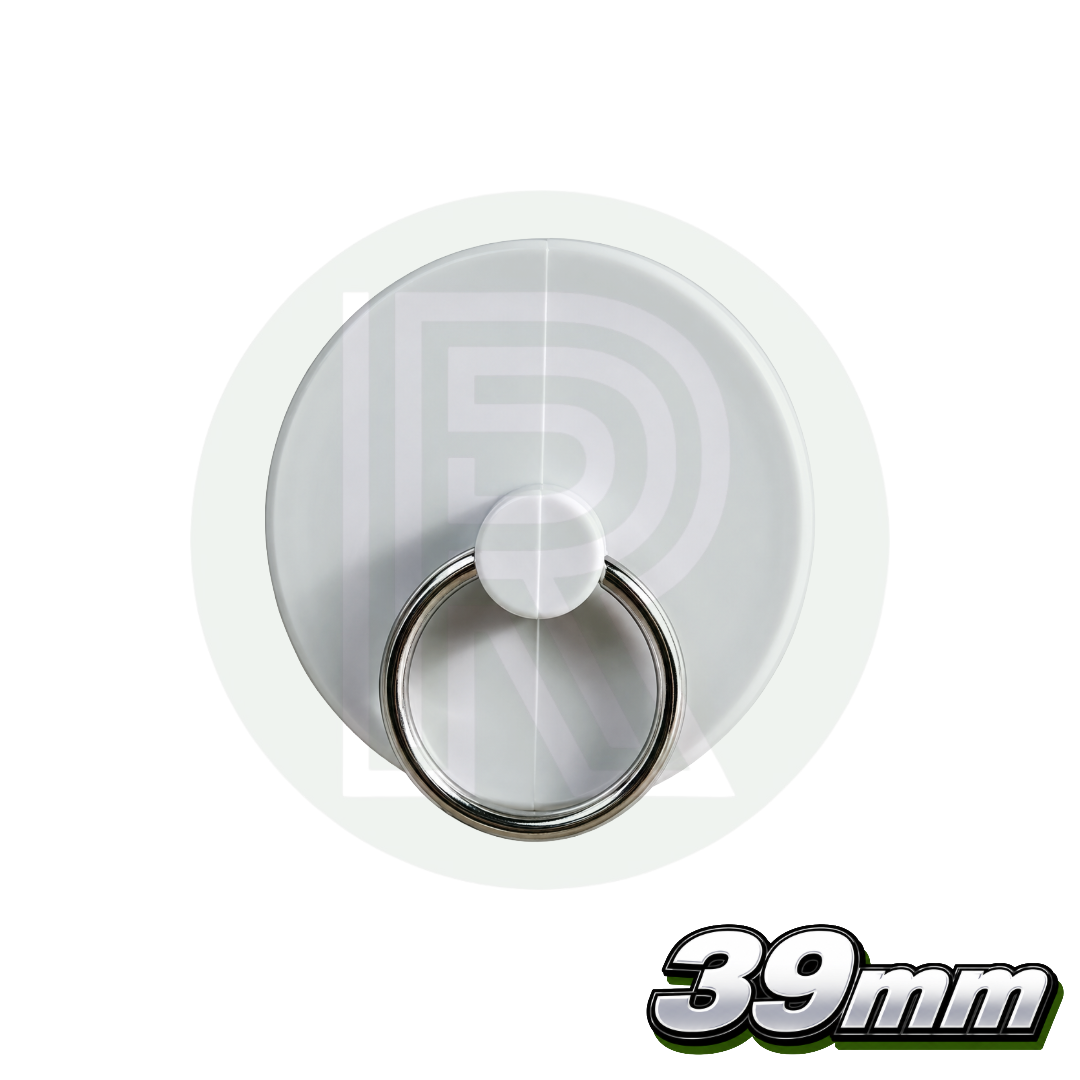 Top view of Reich 39mm replacement sink waste plug with stainless steel pull ring