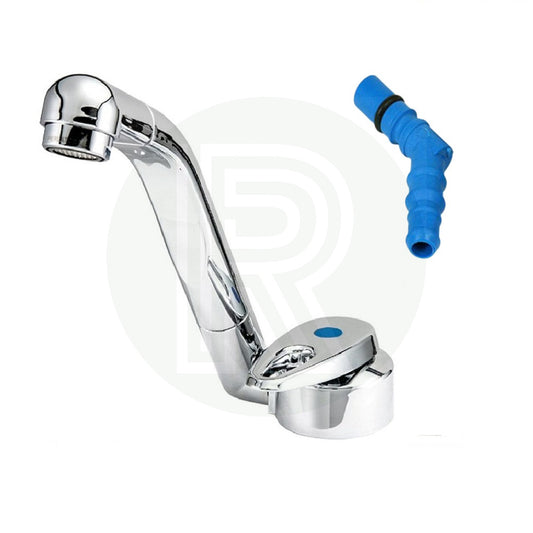 Reich Samba chrome folding cold water tap with blue barbed tail connector for caravan, motorhome and campervan sinks.