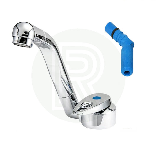 Reich Samba chrome folding cold water tap with blue 12mm push-fit tail connector for caravan, motorhome and campervan sinks.