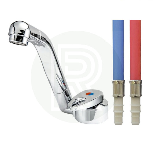 Reich Samba chrome folding hot and cold mixer tap with red and blue flexible barbed hoses for caravan, motorhome and campervan sinks.