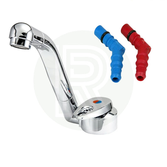 Reich Samba chrome folding hot and cold mixer tap with red and blue barbed tail connectors for caravan, motorhome and campervan sinks.