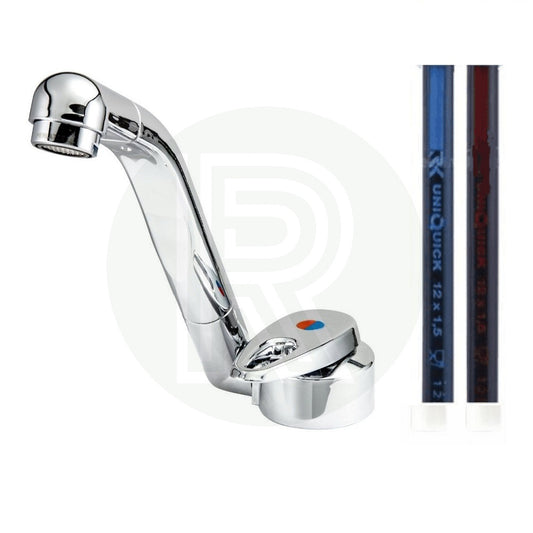 Reich Samba chrome folding hot and cold mixer tap with red and blue flexible 12mm push-fit hoses for caravan, motorhome and campervan sinks.