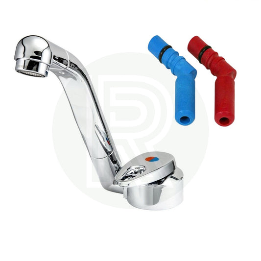 Reich Samba chrome folding hot and cold mixer tap with red and blue 12mm push-fit tail connectors for caravan, motorhome and campervan sinks.