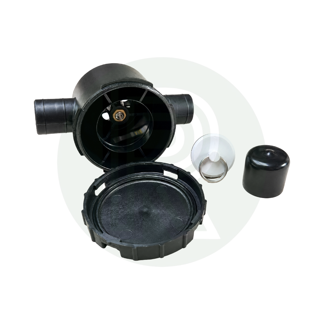 Exploded view of Reich sink waste syphon trap easy access 33mm to 25mm with removable plug strainer and inline waste body