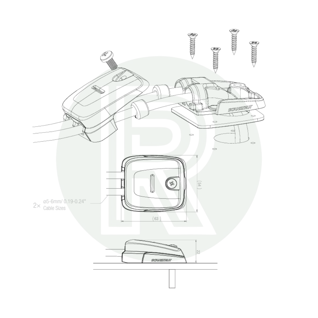 Technical drawing of Scanstrut double cable seal showing dual cable routing, mounting screws, and installation dimensions.