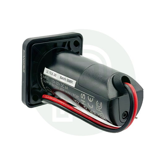 Rear angled view of USB-C socket showing mounting plate, cable entry, and red/black wiring.