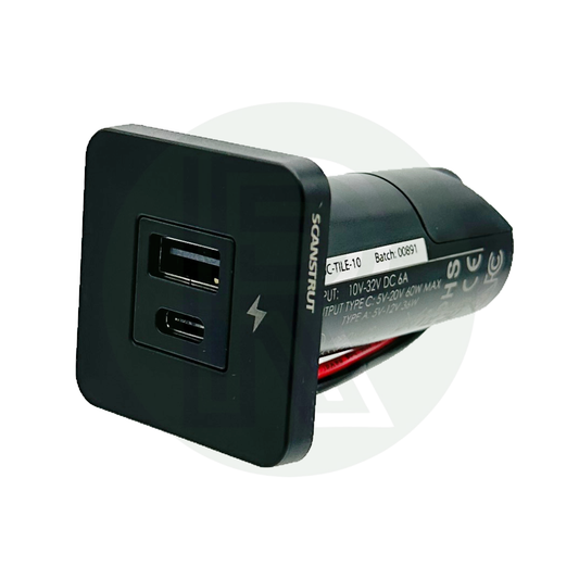 Angled view of USB-A and USB-C socket showing front panel and compact square bezel design.