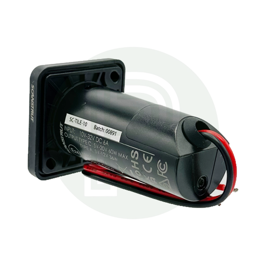 Rear angled view of Scanstrut interior USB-A and USB-C charging socket showing cylindrical housing, mounting plate, and wiring.