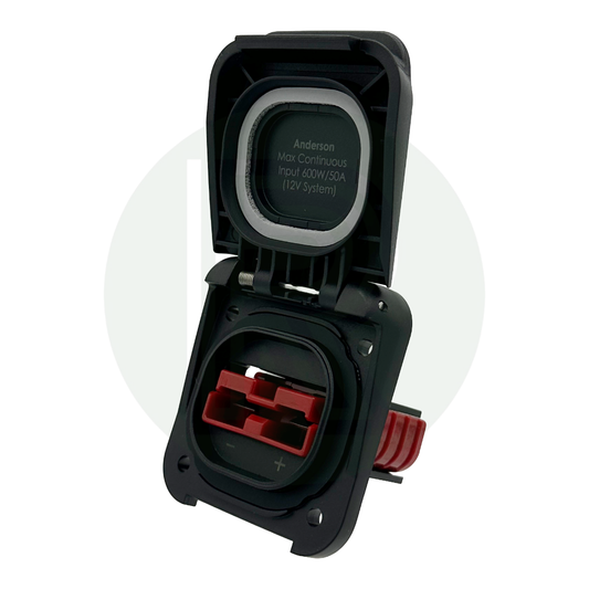 Front view of Scanstrut Ventura Anderson 50A solar connection with open waterproof lid and red Anderson connector visible.
