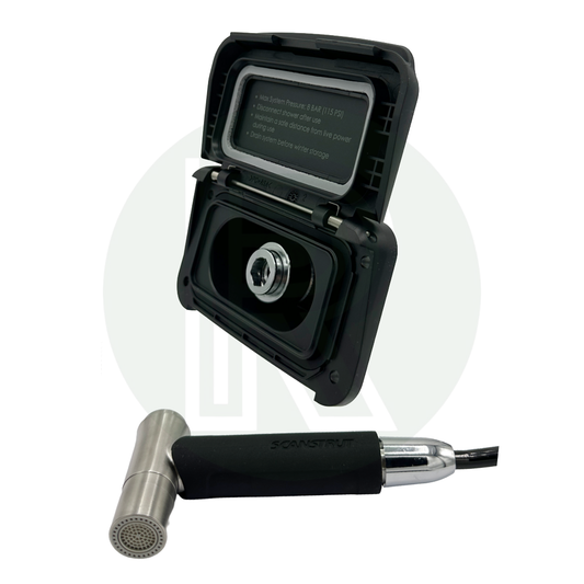 Scanstrut Ventura cold water washdown kit with open waterproof socket, stainless steel quick-connect outlet, and attached hose connector.