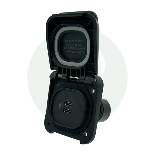 Open waterproof dual USB-C charging socket with hinged protective lid, showing two USB-C ports and panel-mount housing.