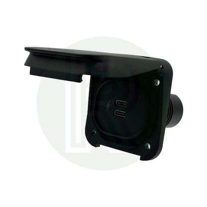 Angled view showing open cover and dual USB-C ports inside the socket.
