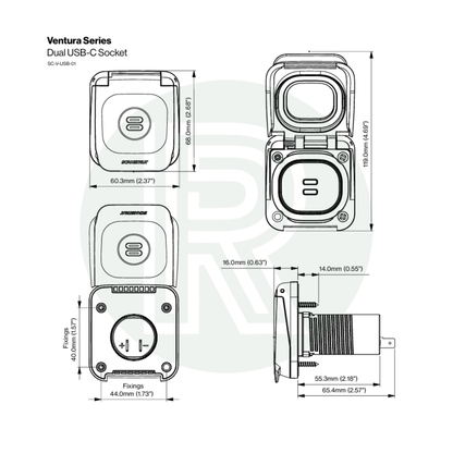 Technical drawing with dimensions and front/side views of the USB-C socket.