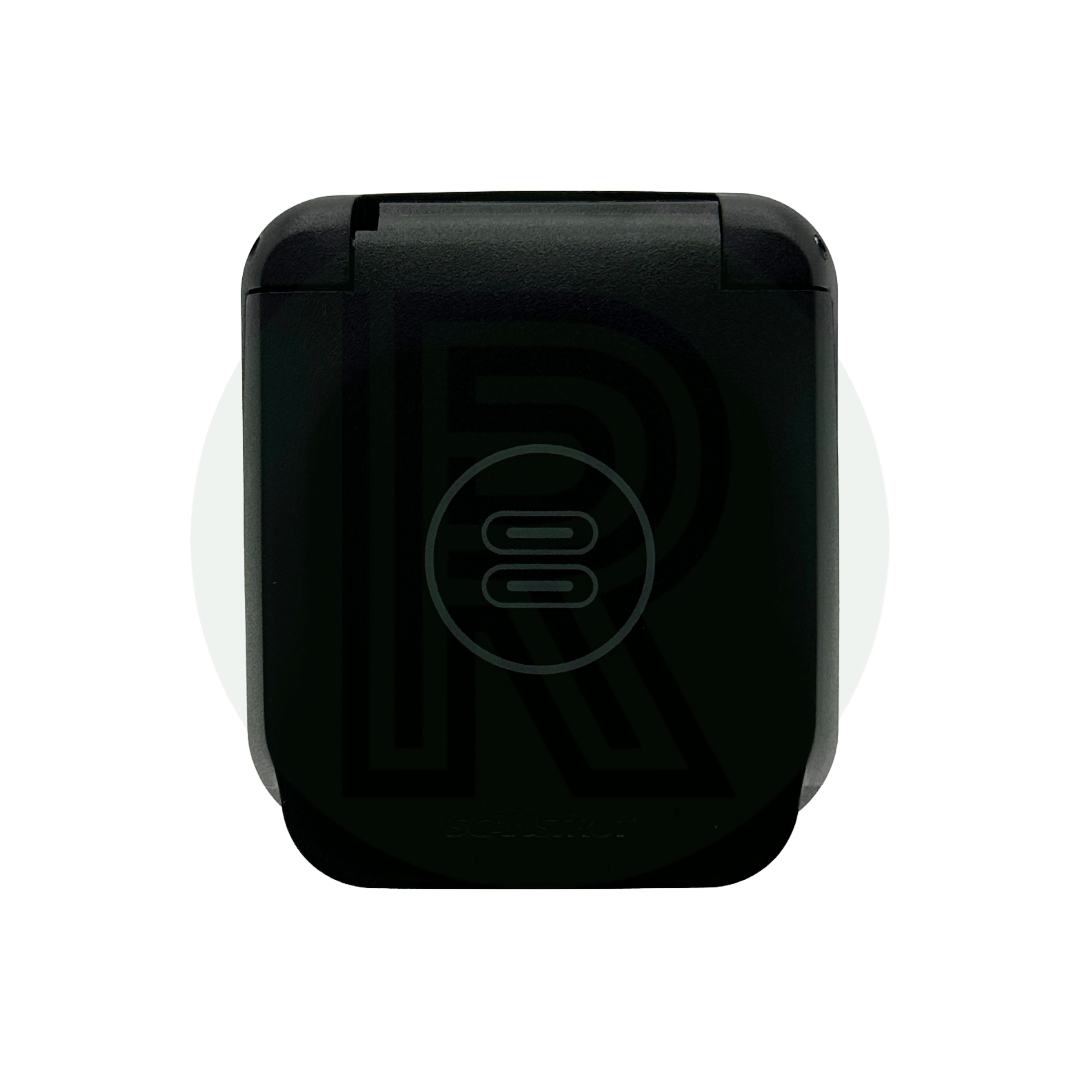 Closed dual USB-C socket with sun/power icon on lid, compact black design.