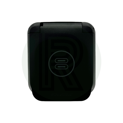 Closed dual USB-C socket with sun/power icon on lid, compact black design.