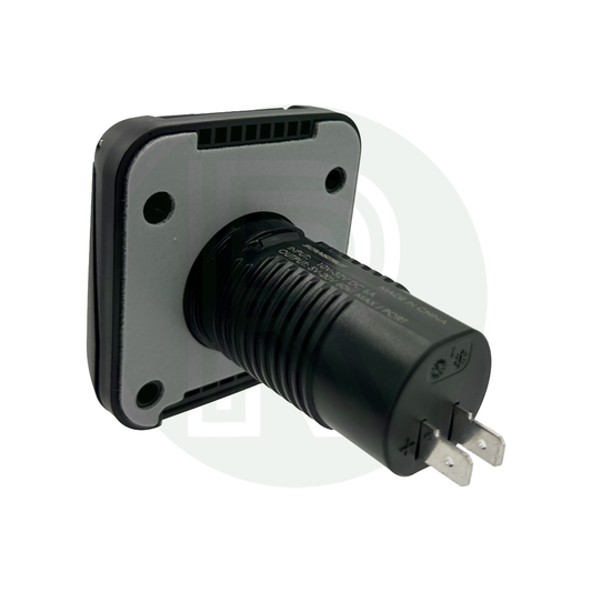 Rear mounting view showing threaded housing and power cable connection.