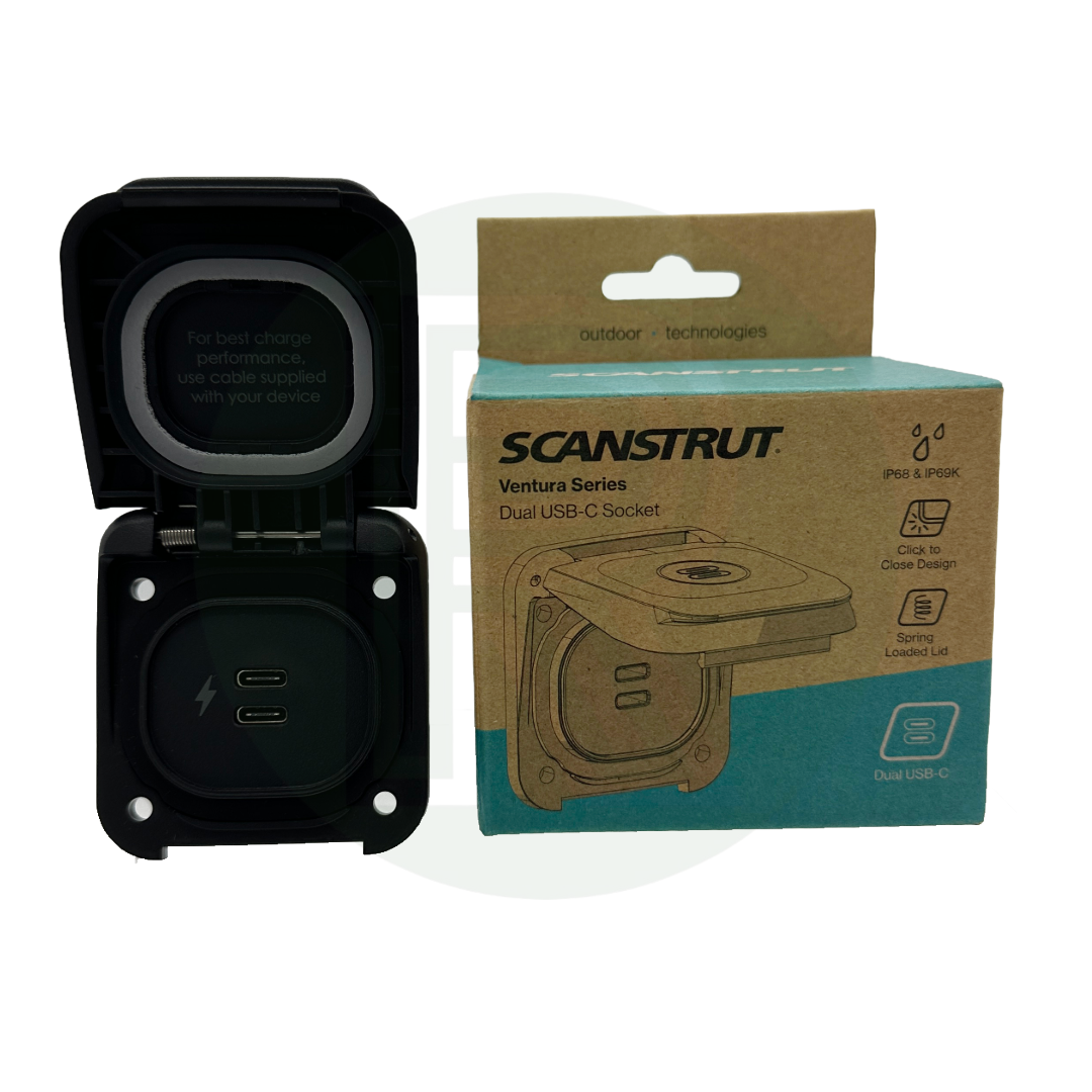 Dual USB-C socket open next to retail packaging (Scanstrut Ventura Series).