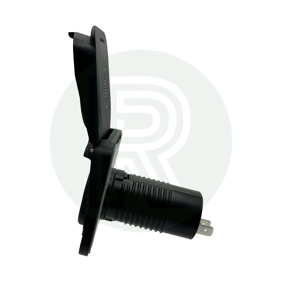 Side view of dual USB-C socket with lid open and rear cable housing.