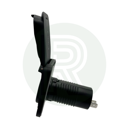 Side view of dual USB-C socket with lid open and rear cable housing.